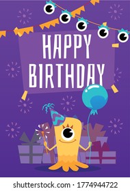 Birthday monster card design with cute fantasy cyclops creature in holiday cap, flat vector illustration on blue background. Greeting festive card template.