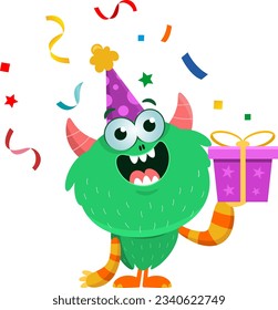 Birthday Monster Cartoon Character With Gift Box. Vector Illustration Flat Design Isolated On Transparent Background