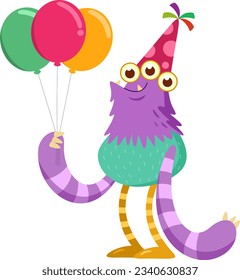 Birthday Monster Cartoon Character With A Party Hat Holding A Balloons. Vector Illustration Flat Design Isolated On Transparent Background