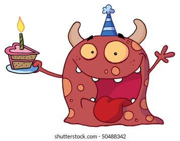 Birthday Monster Wearing A Party Hat And Holding A Slice Of Cake