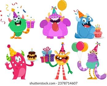 Birthday Monsters Cartoon Characters. Vector Flat Design Collection Set Isolated On Transparent Background