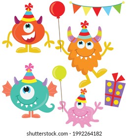 Birthday monsters vector cartoon illustration