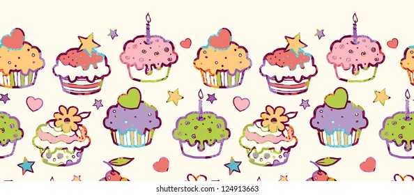 Birthday muffins horizontal seamless pattern background border