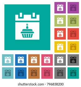Birthday multi colored flat icons on plain square backgrounds. Included white and darker icon variations for hover or active effects.
