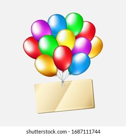 Birthday multicolored balloons with editable label isolated on white background. Golden card with place for text. Colorful balloons and light label. Vector greeting card