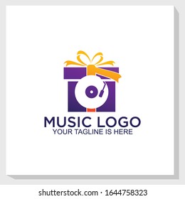 birthday music logo template design vector, gift box music logo design inspiration