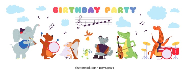 Birthday musical animals. Musician playing instrument, celebration cute characters baby shower banner. Decent party card vector background