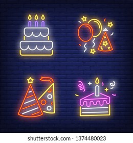 Birthday neon sign set. Cake, candles, air balloons, hat. Flyer, party invitation, bright banner. Vector illustration in neon style for topics like holiday, celebration, fun