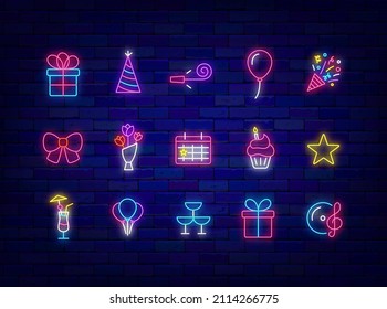 Birthday neon signs collection. Gift box and flowers. Balloons and cupcake. Shiny effect banner. Holiday celebration design on brick wall. Light labels pack. Editable stroke. Vector stock illustration