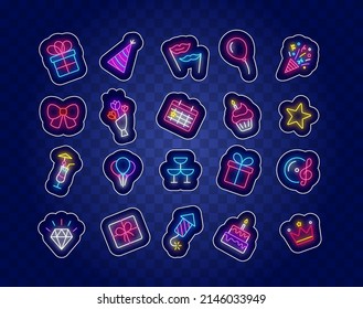 Birthday neon stickers collection. Party celebration icons pack. Social media items. Cupcake and present. Glass, calendar. Glowing effect item set. Editable stroke. Vector stock illustration