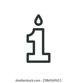 Birthday number candle isolated icon, number one candle vector icon with editable stroke