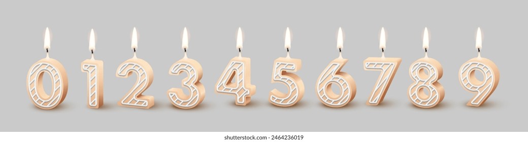 Birthday number candles with burning flames isolated on gray background. Realistic vector design elements for anniversary, party, celebration.