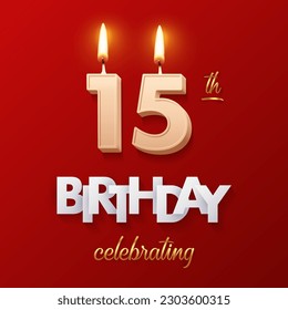 Birthday number candles with fire for 15 anniversary vector illustration. 3D realistic beige wax fifteen numbers with candlelight, white and gold font on red background for invitation, greeting card.