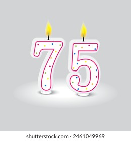 Birthday number candles. Seventy five celebration. Colorful dotted design. Grey background vector.