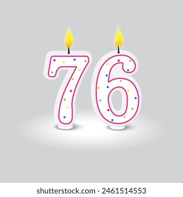 Birthday number candles. Seventy six celebration. Colorful dotted design. Grey background vector.