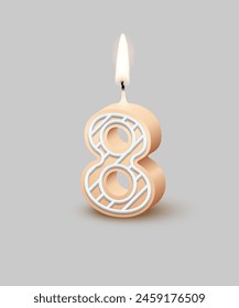 Birthday number eight, candle with fire vector illustration. 3D beige number 8 with icing, candlelight for birthday or anniversary cake and happy party, invitation and greeting card design template.