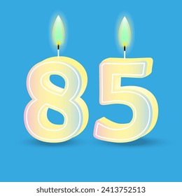 Birthday number eighty five, candle with fire. 3D number 85. Vector illustration. EPS 10.