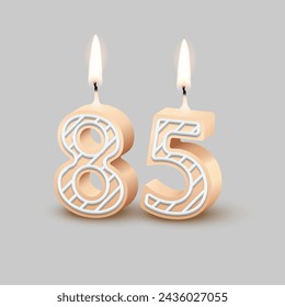 Birthday number eighty five, candle with fire vector illustration. 3D beige number 85 with icing, candlelight for birthday or anniversary cake and happy party, invitation and greeting card design.