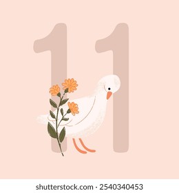 Birthday number Eleven. with cute goose and strawberry flowers. Hand-drawn vector illustration.