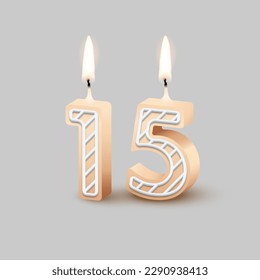 Birthday number fifteen, candle with fire vector illustration. 3D beige number 15 with icing, candlelight for birthday or anniversary cake and happy party, invitation and greeting card design template