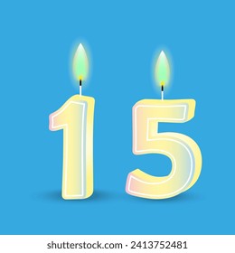 Birthday number fifteen, candle with fire. 3D number 15. Vector illustration. EPS 10.