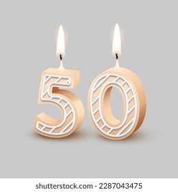 Birthday number fifty, candle with fire vector illustration. 3D beige number 50 with icing, candlelight for birthday or anniversary cake and happy party, invitation and greeting card design.