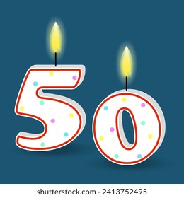 Birthday number fifty, candle with fire. 3D number 50. Vector illustration. EPS 10.