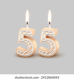 Birthday number fifty five, candle with fire vector illustration. 3D beige number 55 with icing, candlelight for birthday or anniversary cake and happy party, invitation and greeting card design.