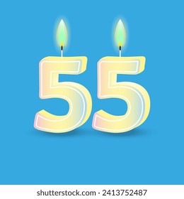 Birthday number fifty five, candle with fire. 3D number 55. Vector illustration. EPS 10.