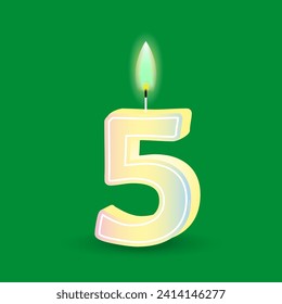 Birthday number five, candle with fire. 3D number 5. Vector illustration. EPS 10.