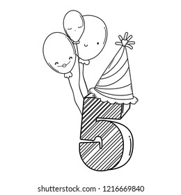Birthday number five with hat and balloons in black and white