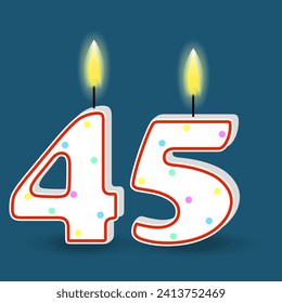Birthday number forty five, candle with fire. 3D number 45. Vector illustration. EPS 10.