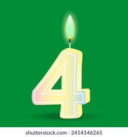 Birthday number four, candle with fire. 3D number 4. Vector illustration. EPS 10.