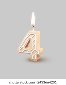 Cumpleaños número cuatro, vela con ilustración vectorial de fuego. 3D beige número 4 con glaseado, candelabro para pastel de cumpleaños o aniversario y feliz fiesta, invitación y tarjeta de felicitación plantilla de diseño.