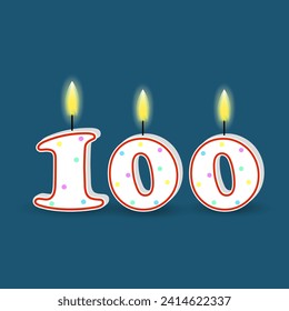 Birthday number hundred, candle with fire. 3D number 100. Vector illustration. EPS 10.