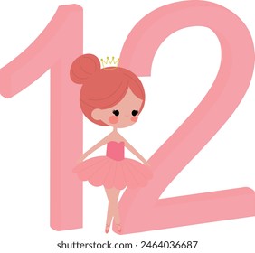 birthday number illustration for girls, with ballerina theme, number 12