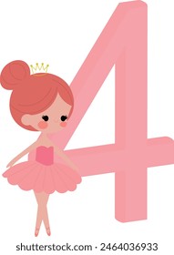 birthday number illustration for girls, with ballerina theme, number 4