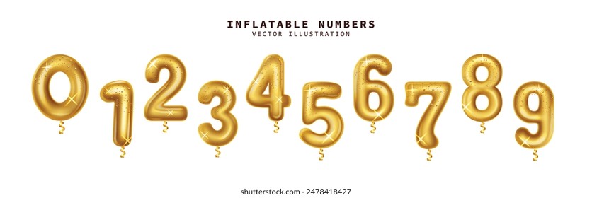 Diseño inflable del sistema del Vector del número de cumpleaños. Globos inflables en oro, números flotantes brillantes y brillantes aislados en blanco    
