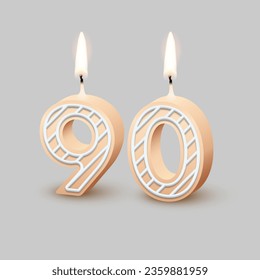 Birthday number ninety, candle with fire vector illustration. 3D beige number 90 with icing, candlelight for birthday or anniversary cake and happy party, invitation and greeting card design.