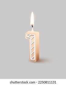 Cumpleaños número uno, vela con ilustración vectorial de fuego. 3D beige número 1 con hielo, luz de las velas para pastel de cumpleaños o aniversario y fiesta feliz, invitación y plantilla de diseño de tarjeta de saludo.