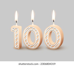 Birthday number one hundred, candle with fire vector illustration. 3D beige number 100 with icing, candlelight for birthday or anniversary cake and happy party, invitation and greeting card design.