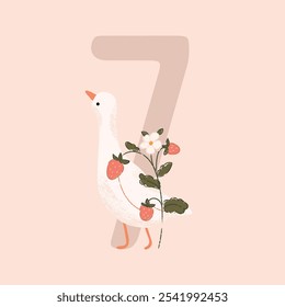 Birthday number seven with cute goose and strawberry flowers. Hand-drawn vector illustration.