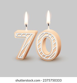 Birthday number seventy, candle with fire vector illustration. 3D beige number 70 with icing, candlelight for birthday or anniversary cake and happy party, invitation and greeting card design.