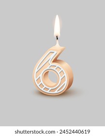 Birthday number six, candle with fire vector illustration. 3D beige number 6 with icing, candlelight for birthday or anniversary cake and happy party, invitation and greeting card design template.