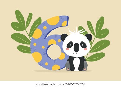 Birthday number six and cute cartoon panda on beige isolated background. Vector wild animal in children's event decoration style. For birthday cards, invitations, banners.