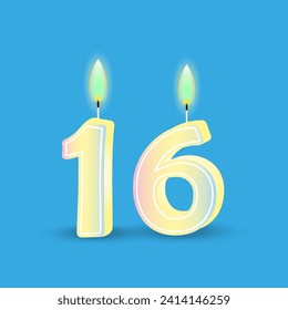 Birthday number sixteen, candle with fire. 3D number 16. Vector illustration. EPS 10.