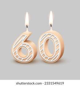 Cumpleaños número sesenta, vela con ilustración vectorial de fuego. beige 3D número 60 con hielo, velas para el pastel de cumpleaños o aniversario y fiesta feliz, invitación y diseño de tarjetas de felicitación.