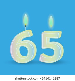 Birthday number sixty five, candle with fire. 3D number 65. Vector illustration. EPS 10.