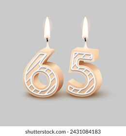 Birthday number sixty five, candle with fire vector illustration. 3D beige number 65 with icing, candlelight for birthday or anniversary cake and happy party, invitation and greeting card design.