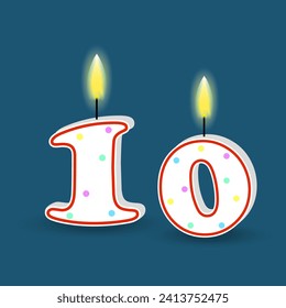 Birthday number ten, candle with fire. 3D number 10. Vector illustration. EPS 10.
